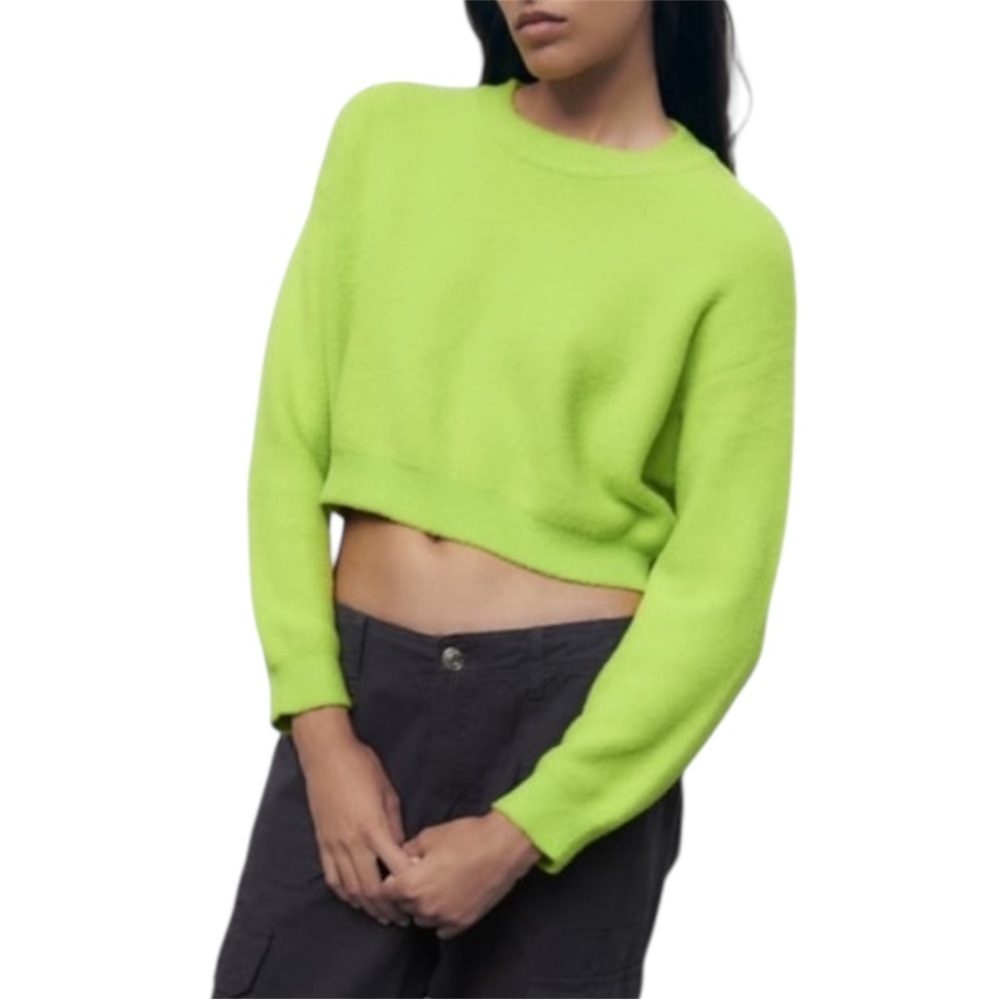 Zara Neon Green Edgy Cropped Fuzzy Crew Neck Sweater